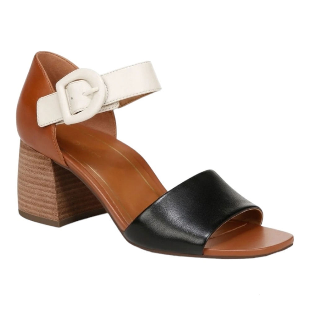 Vionic Multi-Color Block Heel Sandal in Black, White & Tan